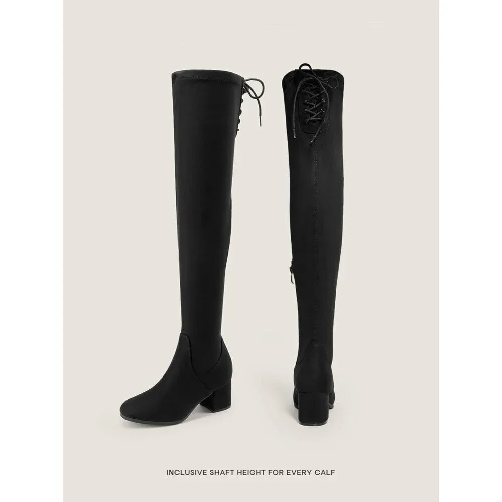 Women's Black Suede Over The Knee Thigh High Chunky Heel Long Stretch Boots